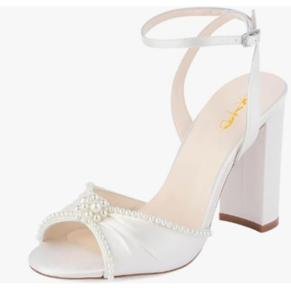 XYD White Open Toe Pearl Wedding Block Heel Sandals Ankle Strappy Elegant Shoes